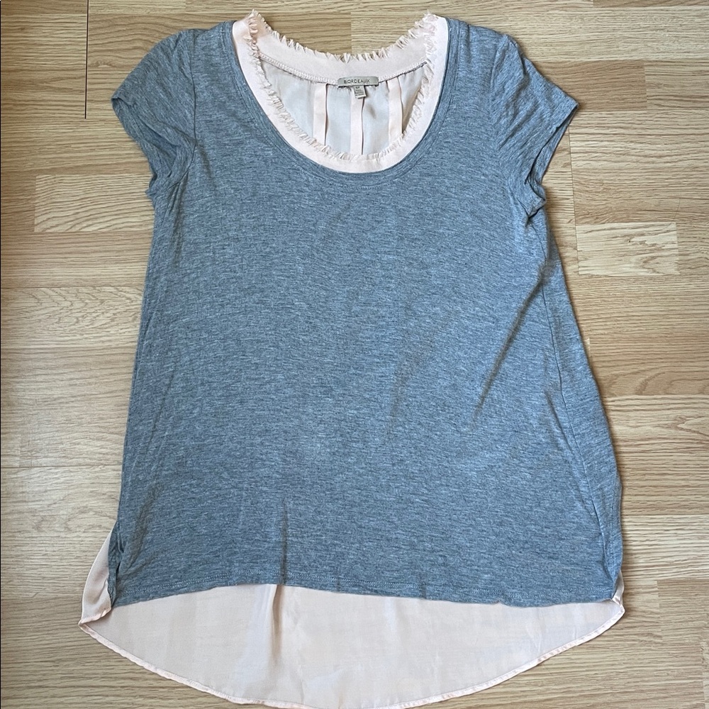 Bordeaux Gray and Pink Frayed Neckline Top